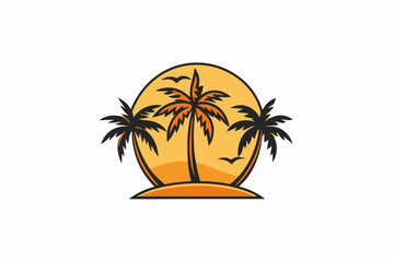 Obraz premium Orange Sunset Silhouette Three Palm Trees Island Graphic