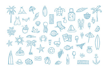 Big summer vacation clipart set. Hand drawn doodle icons palm trees, swimsuits, beach drinks, sea animals, shells, travel items, tropical fruits. Perfect for cards, planners, posters