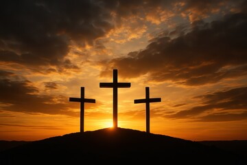 Three Crosses On Hill Sunrise Faith Redemption Symbol