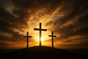 Three Crosses On Hill Sunrise Faith Redemption Symbol