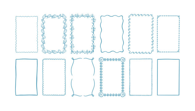 Collection rectangular hand drawn frames. Minimal whimsical borders for cards, invitations, prints, planners or social media. Unique line art doodles in simple decorative style