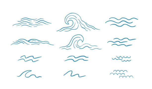 Minimal ocean wave line art set hand drawn sea elements
