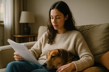 Woman Enjoys Quiet Afternoon Home Dog Reviewing Documents