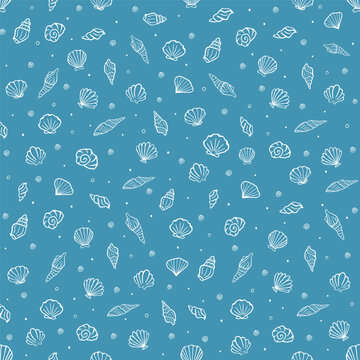 Seamless summer shell pattern with hand drawn sea elements and ocean doodles on blue background for beach fabric, wrapping, textile and wallpaper design