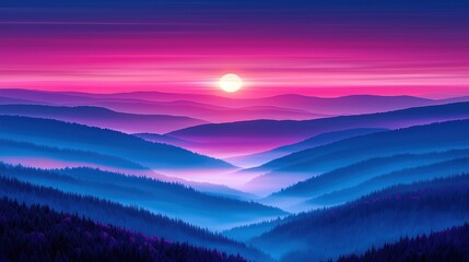 Obraz premium Surreal and Vibrant Sunset Over Layered Mountains, Pink and Purple Hues Painting the Sky and Valleys 