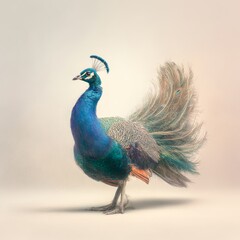 Naklejka premium a peacock lifting feathers slightly in subtle gesture isolated on soft gradient background