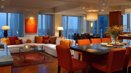 Modern living area with city view, warm tones, including orange chairs and pillows