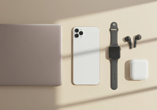 Minimal Tech Gadget Flat Lay On Neutral, Modern Background, Laptop, Smartphone, Smartwatch, and Earbuds.
