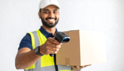 Delivery worker scanning package