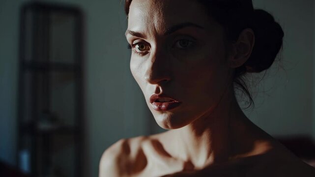 woman staring into a mirror with an intense, unblinking gaze, dim lighting, faint reflection detail, atmosphere of obsession and eerie calm