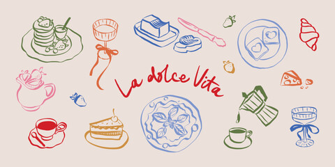 La dolce vita doodles. Whimsical icons of Italian food in simple crayon and sketch style. Trendy art for menus and dinner brunch invitations. Outline vector illustration