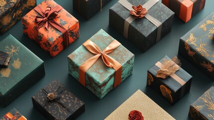 Several beautifully wrapped gift boxes arranged on a dark background surface