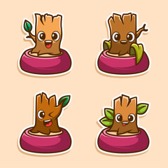 tree trunk collection with cute expression. cartoon doodle character set