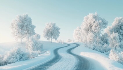 Fototapeta premium A winding road through a winter wonderland. Snowy, icy trees line a gently curving asphalt road rising on a hill. Pale blue sky. Soft light