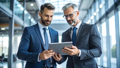 Two businessmen discussing a tablet