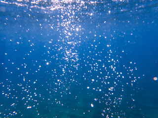 Air bubbles underwater rising to water surface, natural scene, bubbles under water, bubble...