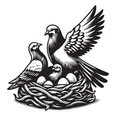 Pigeons family in the nest image vector.