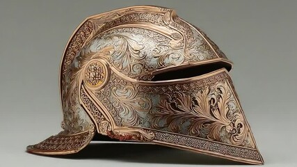Detailed view of an ornate medieval helmet with intricate floral and decorative patterns - Powered by Adobe