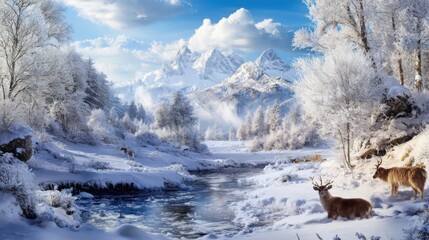 Beautiful winter scenery with animals
