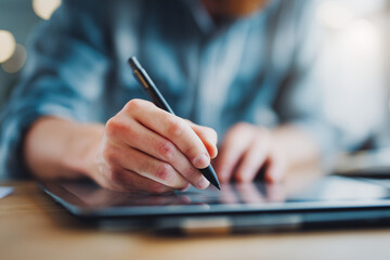 Hand writing on tablet with stylus pen close-up