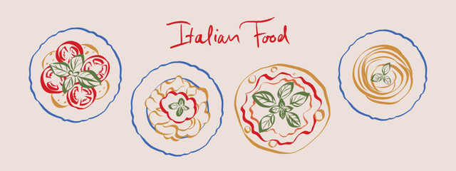 Whimsical doodles of italian food. Vintage icons with la dolce vita aesthetic in crayon and sketch style. Trendy art for menus and wedding invitations. Outline quirky vector illustration