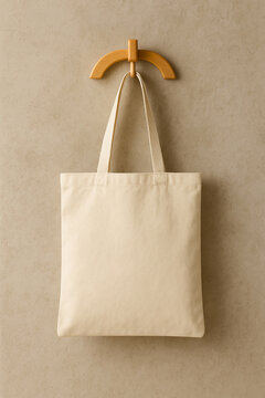 Tote Bag Hanging On Textured Concrete Wall Mockup Japandi Style