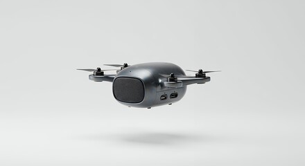 Gray drone hovers against white background