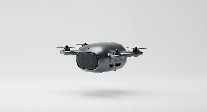 Gray drone hovers against white background