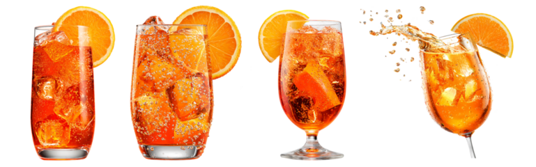 Aperol Spritz cocktail scene featuring four glasses filled with orange-colored spritz, ice cubes, citrus slices, and fizzy bubbles. Isolated on transparent background.