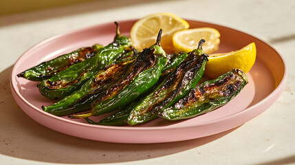 Grilled shishito peppers with lemon wedges on pastel pink platter