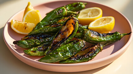 Grilled shishito peppers with lemon wedges on pastel pink platter
