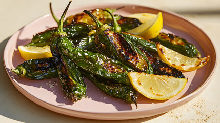 Grilled shishito peppers with lemon wedges on pastel pink platter