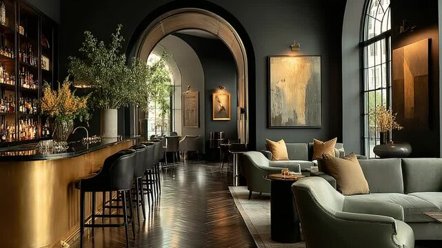 Elegant Bar and Lounge Interior with Sophisticated Decor and Cozy Seating Area