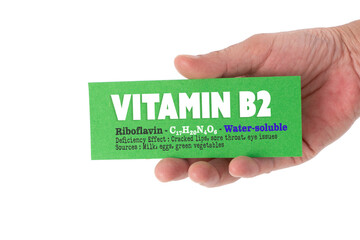 A hand holding a paper featuring key facts about Vitamin B2, including its scientific name,...