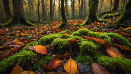 Emerald Forest: A tranquil view into the depth of a lush green forest floor, covered in vibrant emerald moss, surrounded by a mosaic of fallen autumn leaves.