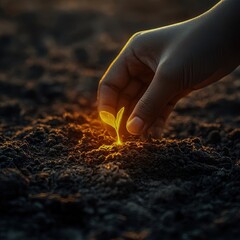 A person holding a glowing seed in a barren land