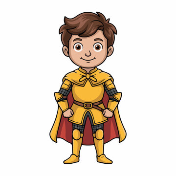 Fototapeta Cute cartoon knight boy in golden armor and red cape illustration kid hero game child brave young story comic regal happy