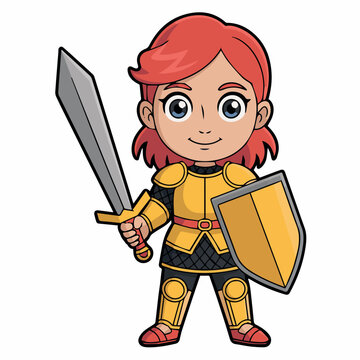 Fototapeta Cute cartoon girl knight in golden armor with sword and shield illustration red hero hair game child brave comic image