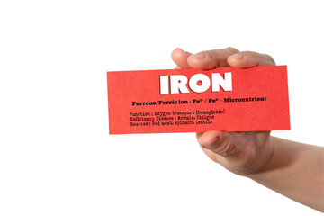 A hand holding a paper displaying key facts about Iron as an essential micronutrient for human...