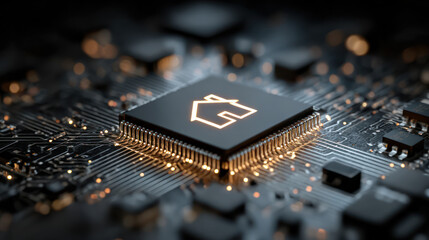 Smart home technology concept with glowing chip on circuit board showing innovation and connectivity.