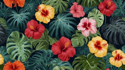 Tropical Hibiscus and Monstera Pattern: A vibrant, tropical floral pattern featuring lush hibiscus blossoms in varying colors and large, textured monstera leaves. Perfect for textile design.