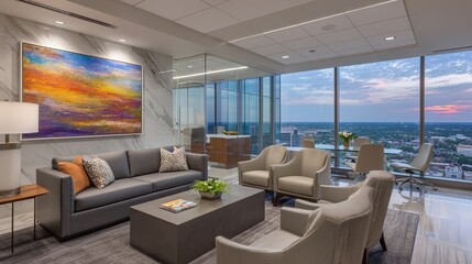 Luxurious office lounge with vibrant artwork and city view at dusk