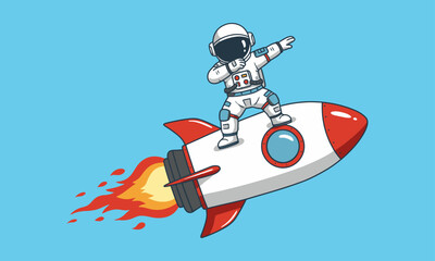 Dabbing Astronaut on Rocket Flying Through Blue Sky. A dynamic and playful cartoon illustration depicting an astronaut in a white spacesuit performing a "dab" pose while standing confidently.