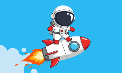Cute Astronaut Riding a Rocket into Blue Sky. A charming cartoon illustration of a happy, chibi-style astronaut in a white spacesuit playfully standing atop a red and white rocket