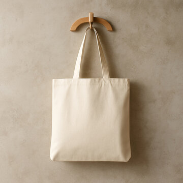 Tote Bag Hanging On Textured Concrete Wall Mockup Japandi Style Square