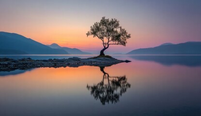 A lone tree on the edge of an island, overlooking calm waters at sunrise The reflection in the water is mirrored by the mountains and sky Generative AI