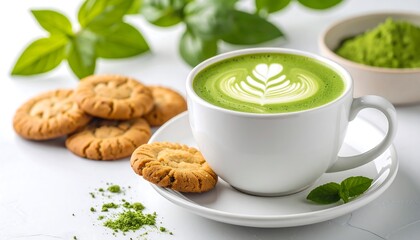 Matcha latte with cookies and mint