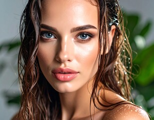 Woman with wet hair and makeup