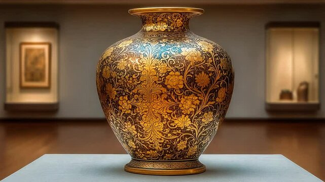 Elegant golden vases with floral patterns in a museum gallery, fine art display