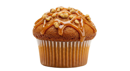 Delicious Caramel Drizzled Muffin Topped with Walnuts in Paper Cup